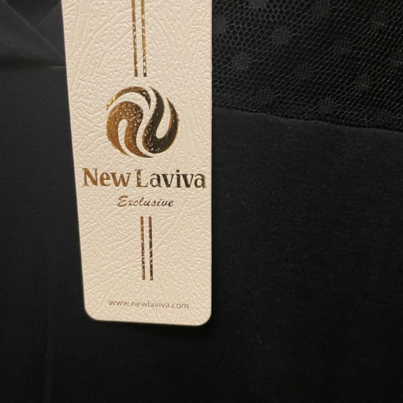 Black pullover blouse with polka dotted shoulder and arms. Size 42 or Medium - Picture 4 of 10